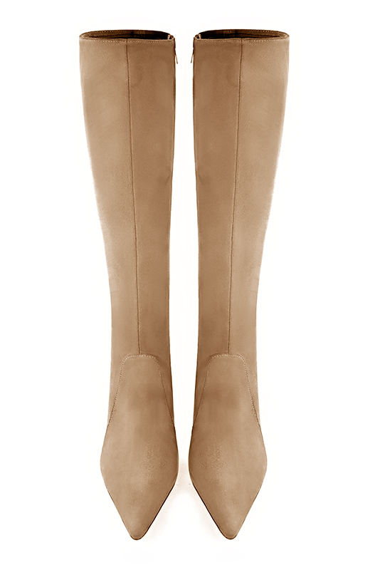 Tan beige women's feminine knee-high boots. Pointed toe. Very high spool heels. Made to measure. Top view - Florence KOOIJMAN